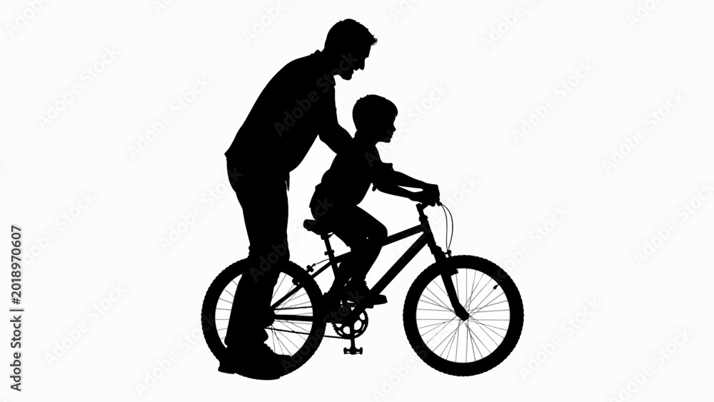Obraz premium Father's Day Silhouette of father teaching son to ride bicycle, biking lesson, cycling training, family fun, outdoor activity isolated on White Background vector