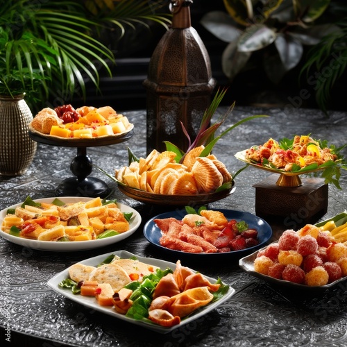 Delicious Assortment of Snacks and Fruits on a Table With Decorative Plants a...