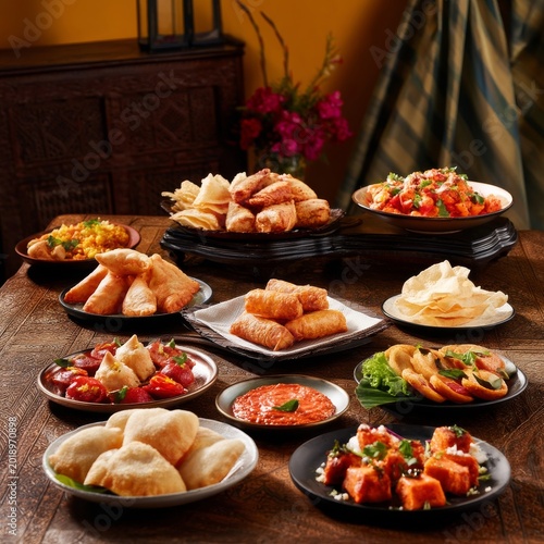 Delicious Assortment of Snacks and Fruits on a Table With Decorative Plants a...