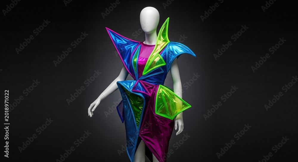 Obraz premium Avant-garde geometric dress on mannequin, bold neon colors, studio lighting, modern fashion statement with copy space