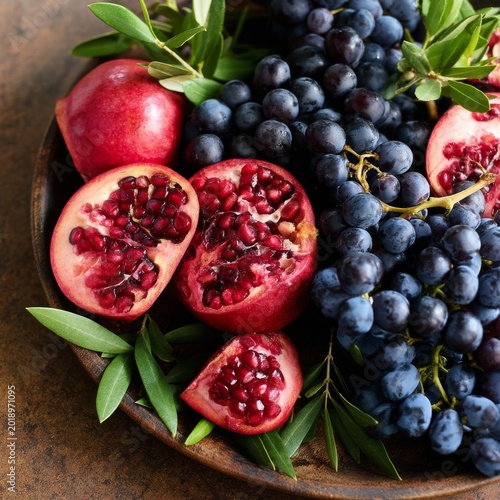 Fresh Pomegranate and Grapes on a Wooden Plate With Green Leaves Displayed fo...