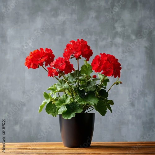 Bright Red Flowers in a Black Pot on a Wooden Table With a Gray Background