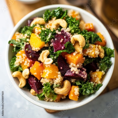 Fresh Salad With Quinoa, Kale, and Vegetables Served in a Bowl During the Day