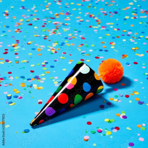 Colorful Party Hat and Confetti on Blue Background During Celebration in Afte...