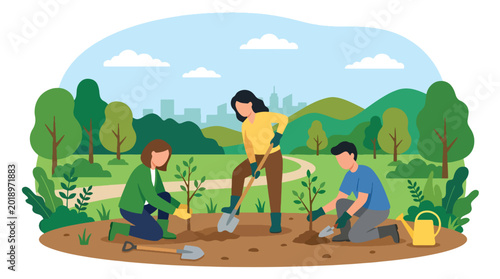 Obraz na płótnie Modern flat vector illustration of diverse people planting trees together in urb