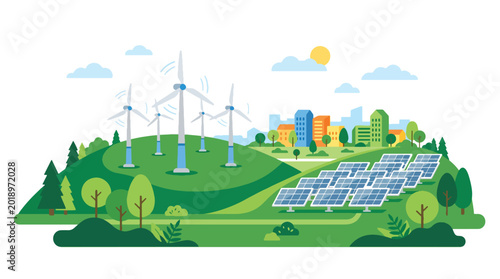 Modern flat vector illustration of solar panels and wind turbines on green hills representing renewable energy sustainability and clean power generation
