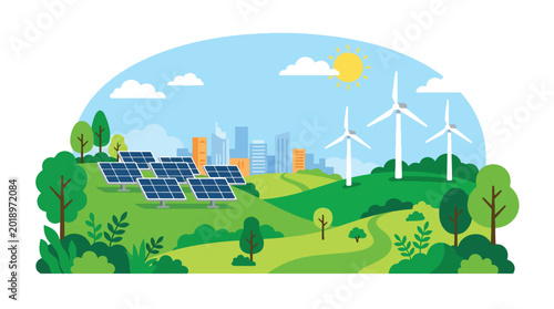 Photos Modern flat vector illustration of solar panels and wind turbines on green hills