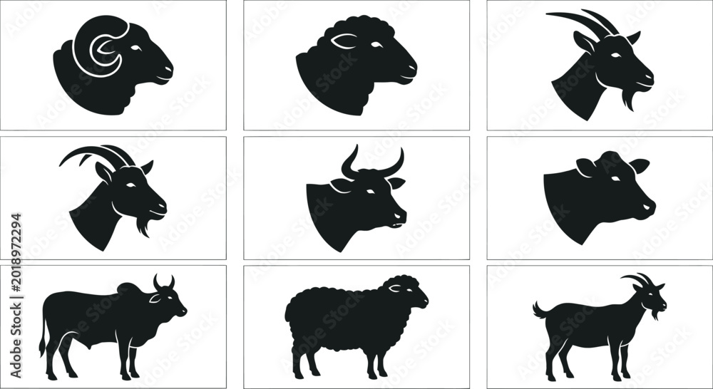 Obraz premium Premium Livestock Logo Set: Sheep, Goat, and Bull Silhouettes for Farm and Butchery