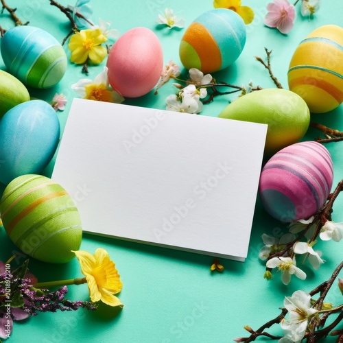 Colorful Easter Eggs Arranged Around a White Card With Flowers on a Green Bac...