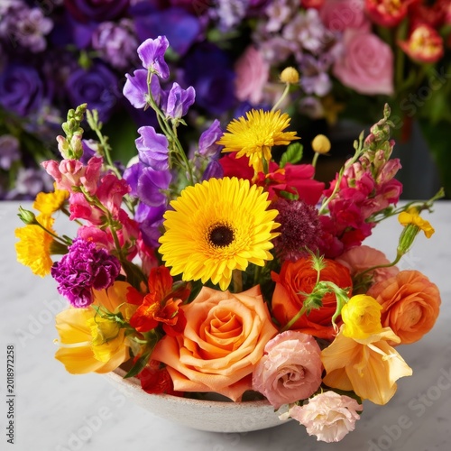 Colorful Flower Arrangement in a Bowl With Various Blooms in a Floral Shop Se...