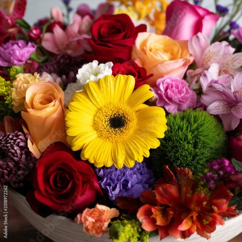 Bright Yellow Flower in a Colorful Bouquet With Various Flowers on a Table