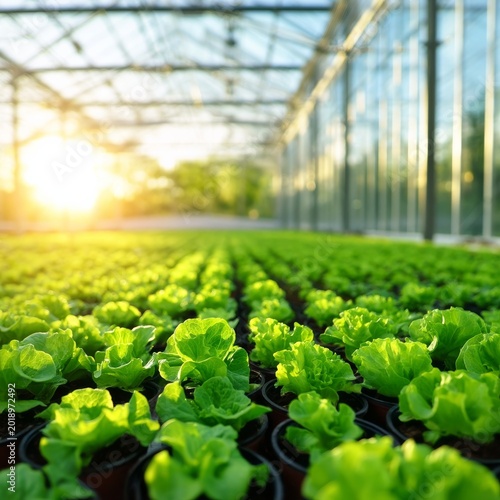 Sunlight Shines on Leafy Plants Growing in Greenhouse During Early Morning Ho...