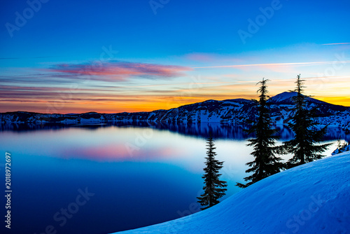 Crater Lake just before sunrise, Crater Lake National Park in winter, Oregon.