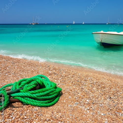 Clear Waters With a Small Boat and Green Rope on the Beach During a Sunny Day