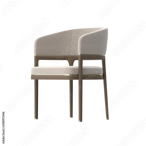 Luxury Barrel Back Dining Chair with Wood Frame and Brass Accents Three Quarter View on White Background