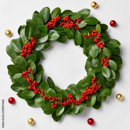 Unique Wreath Made of Green Leaves and Red Berries on a Simple Background Dur...