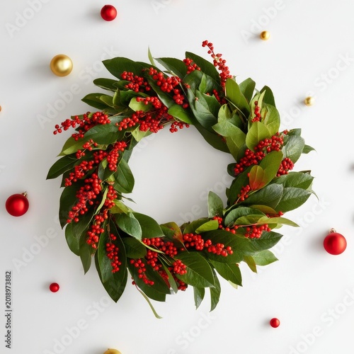 Holiday Wreath With Greenery and Red Berries Positioned on a Light Surface Wi...