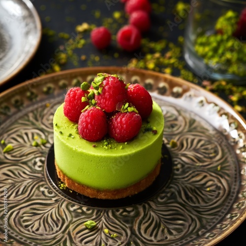 Green Dessert Topped With Raspberries Served on a Decorative Plate at a Dinin...