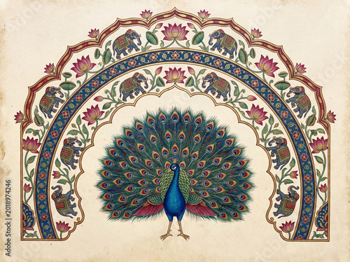 Pichwai peacock painting isolated on white background for Indian wedding and traditional decor use