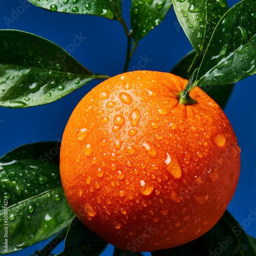 Fresh Orange With Water Droplets on Leaves in Bright Light