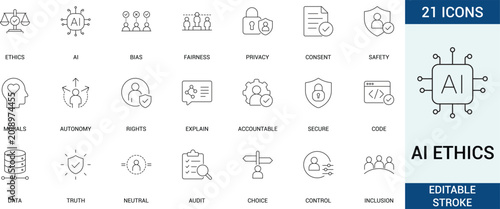 AI ethics line icon set. Contains icons related to fairness, privacy, safety, bias, and data truth. Editable stroke. Vector
