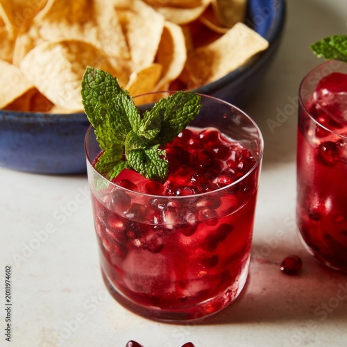 Refreshing Drink With Pomegranate Seeds and Mint Served With Tortilla Chips a...