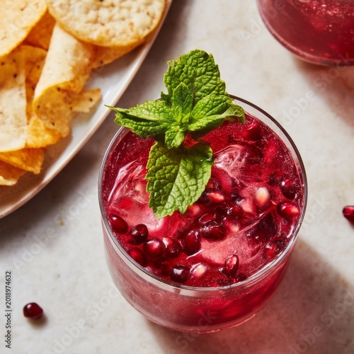Refreshing Drink With Pomegranate Seeds and Mint Served With Tortilla Chips a...