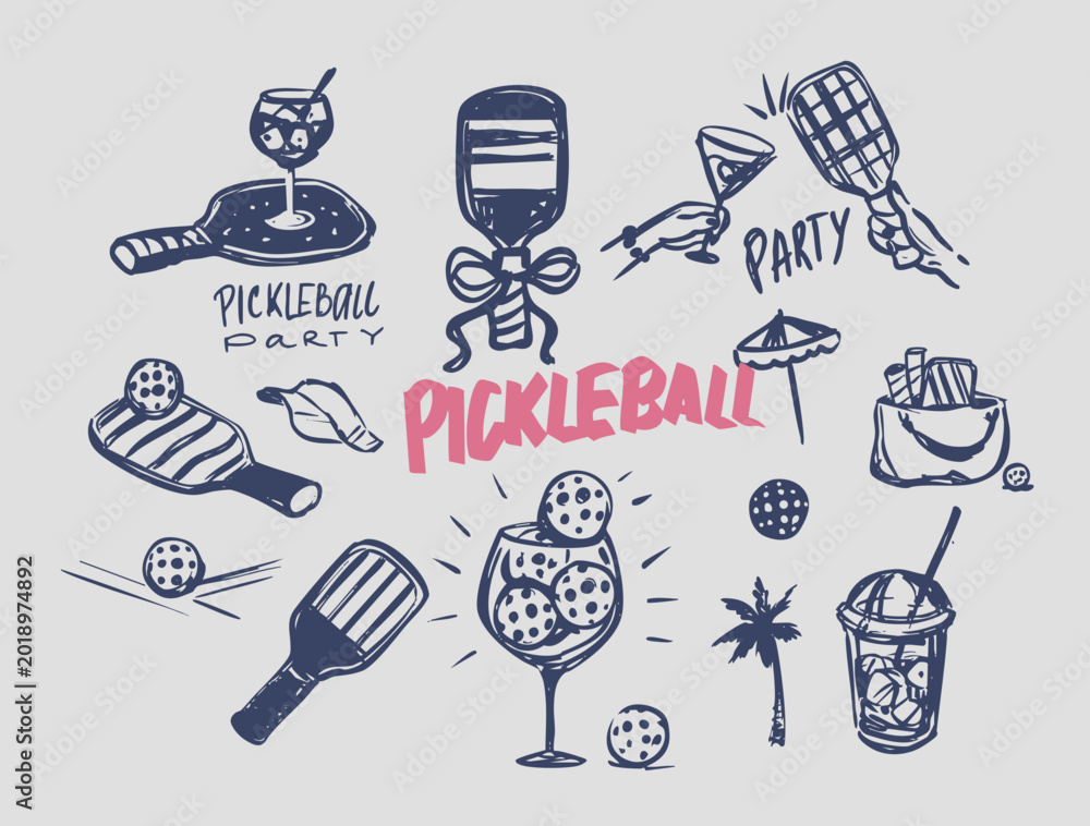 Fototapeta premium Pickleball party, set sketch objects, rackets and ball, sport equipment