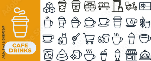 Cuadro en lienzo Cafe Drinks and Coffee Beverage outline icon set