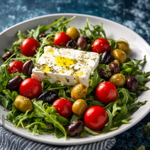 Fresh Salad With Olives, Tomatoes, and Feta Cheese on a Plate in the Kitchen