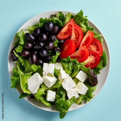 Fresh Salad With Tomatoes, Olives, and Feta on a White Plate Against a Blue B...