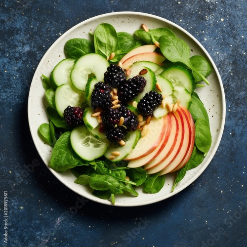 Fresh Spinach Salad With Cucumber, Apple, and Blackberries on a Plate