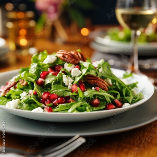 Fresh Salad With Pomegranate and Nuts on a Dinner Table During Evening Meal