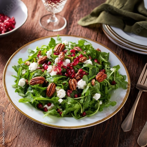 Fresh Salad With Pomegranate and Nuts on a Dinner Table During Evening Meal