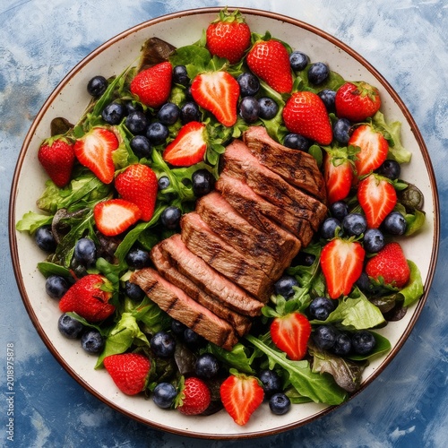 Fresh Salad Bowl With Grilled Steak, Strawberries, and Blueberries on a Woode...