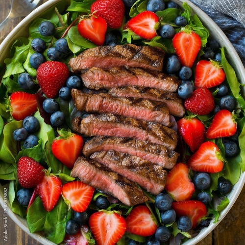 Fresh Salad Bowl With Grilled Steak, Strawberries, and Blueberries on a Woode...