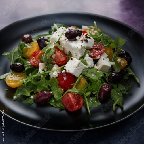 Fresh Salad With Tomatoes, Feta, Olives, and Arugula Served on a Black Plate