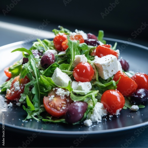 Fresh Salad With Tomatoes, Feta, Olives, and Arugula Served on a Black Plate