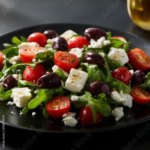 Fresh Salad With Tomatoes, Olives, and Cheese on a Black Plate in a Dining Se...