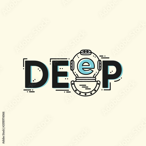 Creative typography design featuring the word deep with a vintage diving helmet replacing the letter e.