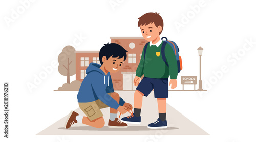 Bild auf Leinwand Modern flat vector illustration of young boy helping friend tie shoelaces before
