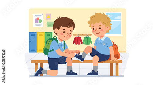 Foto Modern flat vector illustration of young boy helping friend tie shoelaces before