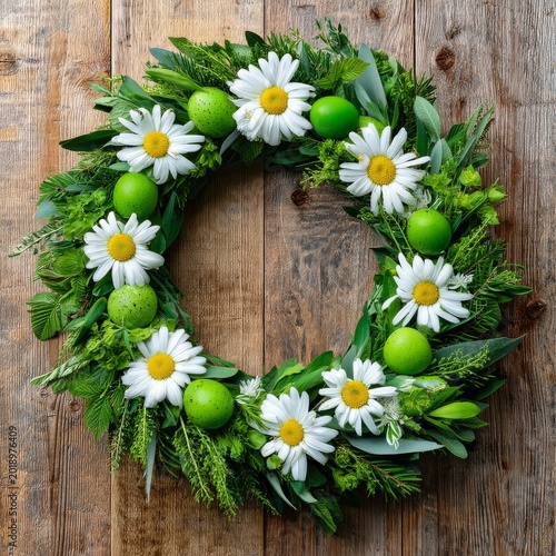 Bright Green Wreath With Eggs and Flowers on Wooden Surface