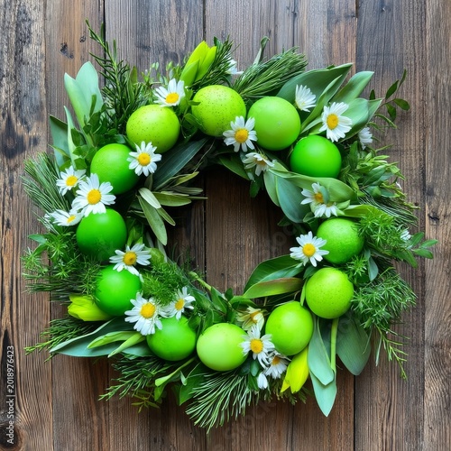 Green Wreath Made With Fruits and Flowers on Wooden Surface in Spring Season