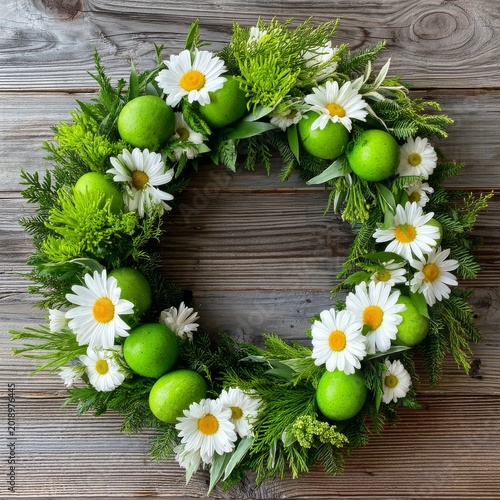 Green Wreath Made With Fruits and Flowers on Wooden Surface in Spring Season