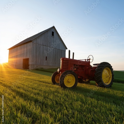 Red Tractor Stands Beside a Wooden Barn at Sunset With Long Shadows on Grassy...