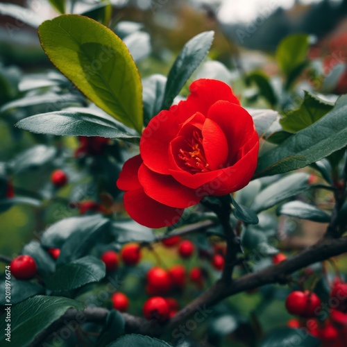 Red Flower and Berries Grow on a Green Bush in a Garden During Autumn