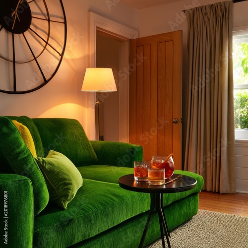 Bright Green Sofa and Drinks in a Living Room During Warm Evening Light Near ...