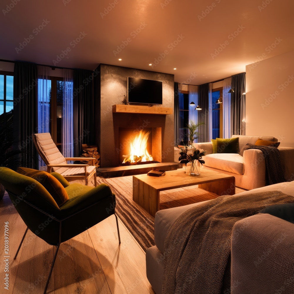 Fototapeta premium Cozy Living Room With a Fire and Modern Furniture in the Evening Light