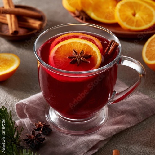 Warm Drink With Orange and Spices Served on a Gray Table With Fresh Fruit